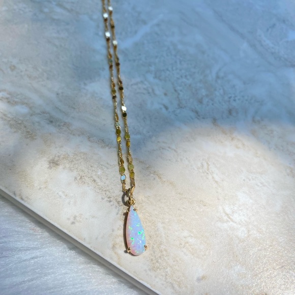 Delicate Gold Necklace with Gorgeous White Opal Teardrop Pendant - Picture 3 of 5